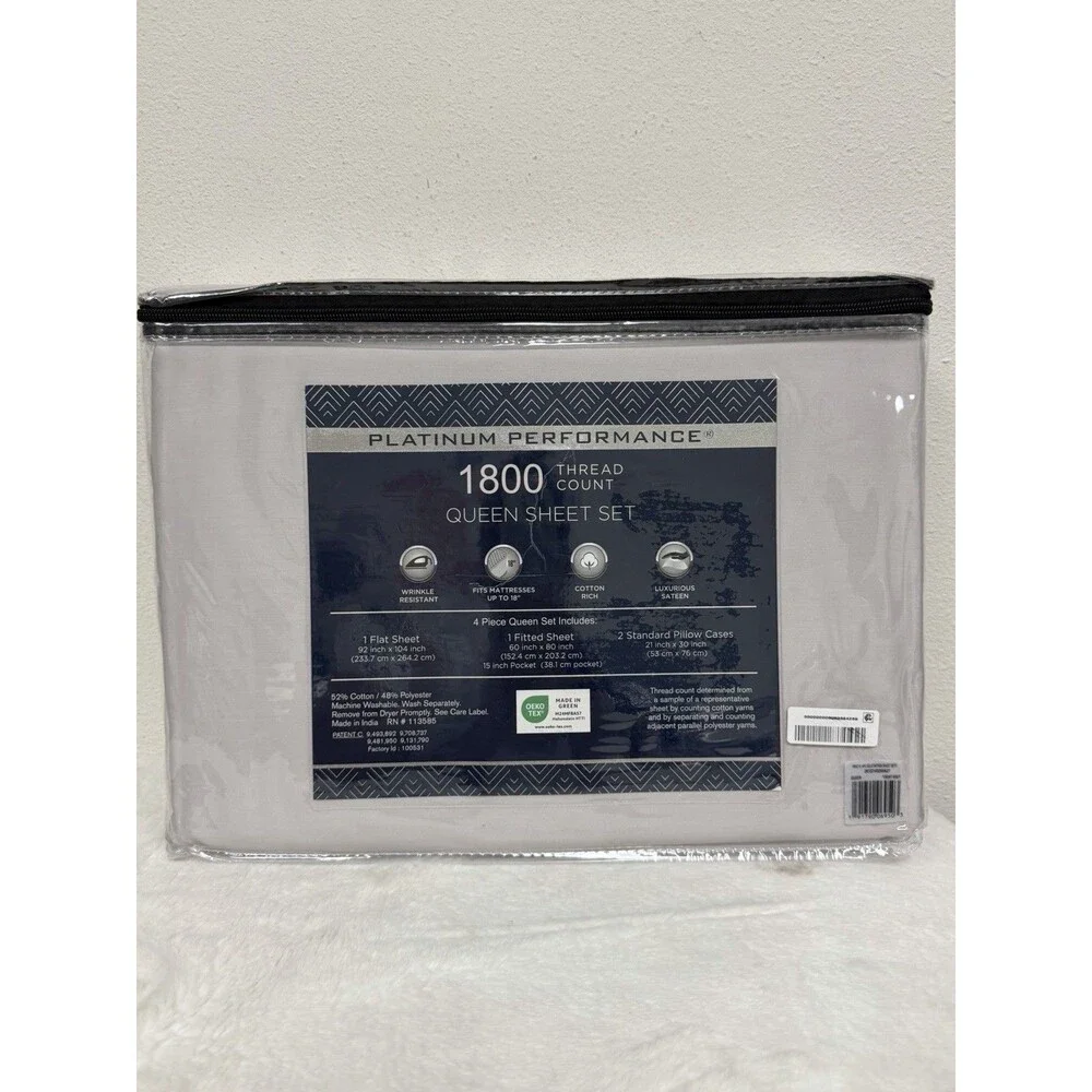 PLATINUM PERFORMANCE 1800 Thread Count Queen Sheet Set Light Grey NEW